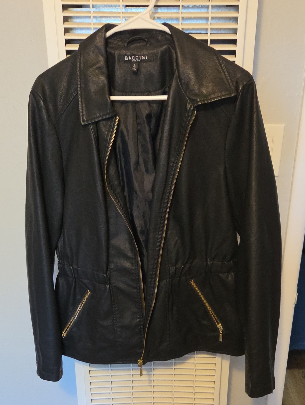 Baccini Black Faux Leather Jacket with Gold Zippers
